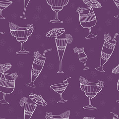 Fun and elegant seamless pattern with cocktail glasses, decorated with lemons, umbrellas and flowers, beautiful background vector design great for fashion prints, wallpapers, banners, surfaces