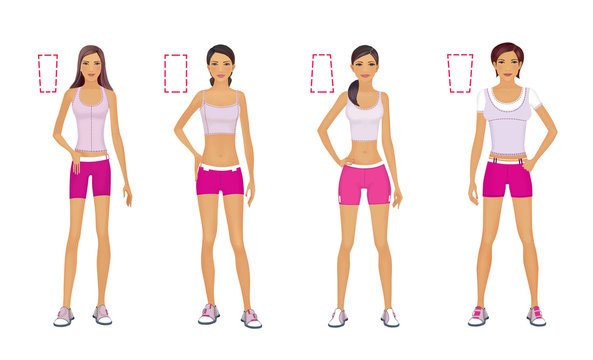 4 types of figures of women. Women in sportswear are standing. Realistic illustration