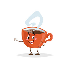 Cute cartoon coffee red cup character. Humanized mug with hot beverage. Morning breakfast mascot. Strong taste hot drink with steam. Vector illustration isolated on white.