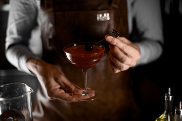 Close-up of bartender holding drink with olive