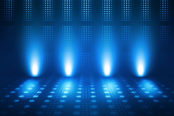 Empty background scene. Dark street reflection on wet asphalt. Rays of neon light in the dark, neon figures, smoke. Background of empty stage show. Abstract dark background.
