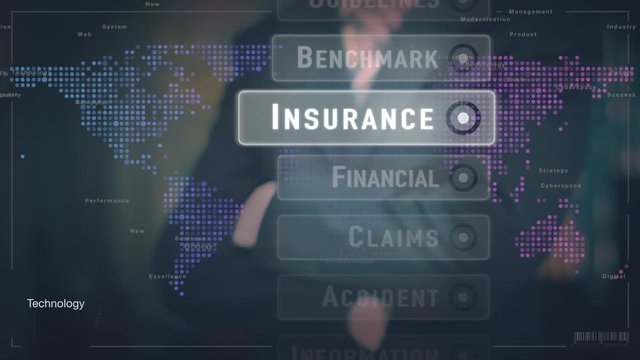 A businessman selecting a Claims business concept on a futuristic screen.