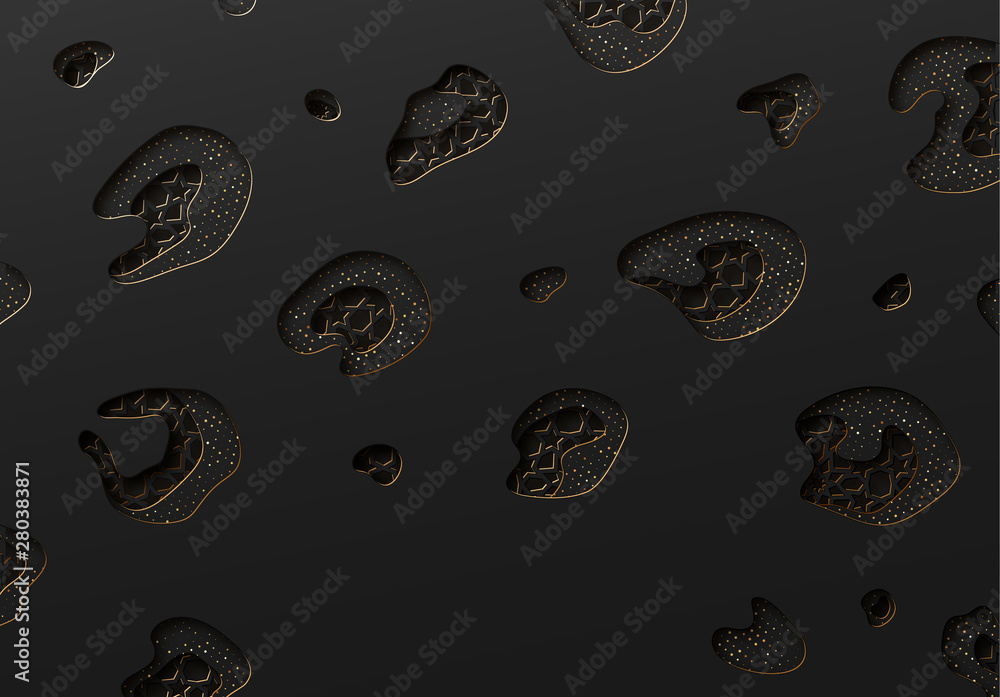 Poster black and gold background with geometric texture tunnel style cut out paper embossing pattern.