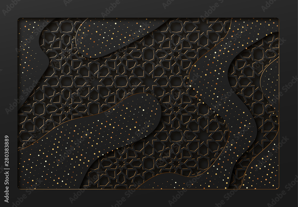 Poster black and gold background with geometric texture tunnel style cut out paper embossing pattern.