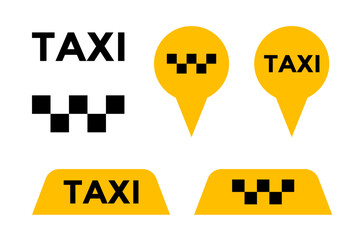 Taxi cab service vector icon set. Yellow signboard and pin signs of passenger city transport markers. Vector illustration - obrazy, fototapety, plakaty