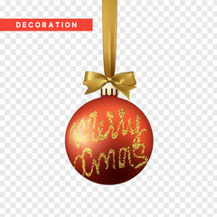 Xmas balls red and gold color. Christmas bauble decoration elements. Object isolated a background with transparency effect