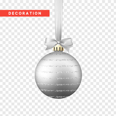 Xmas balls silver color. Christmas bauble decoration elements. Object isolated a background with transparency effect