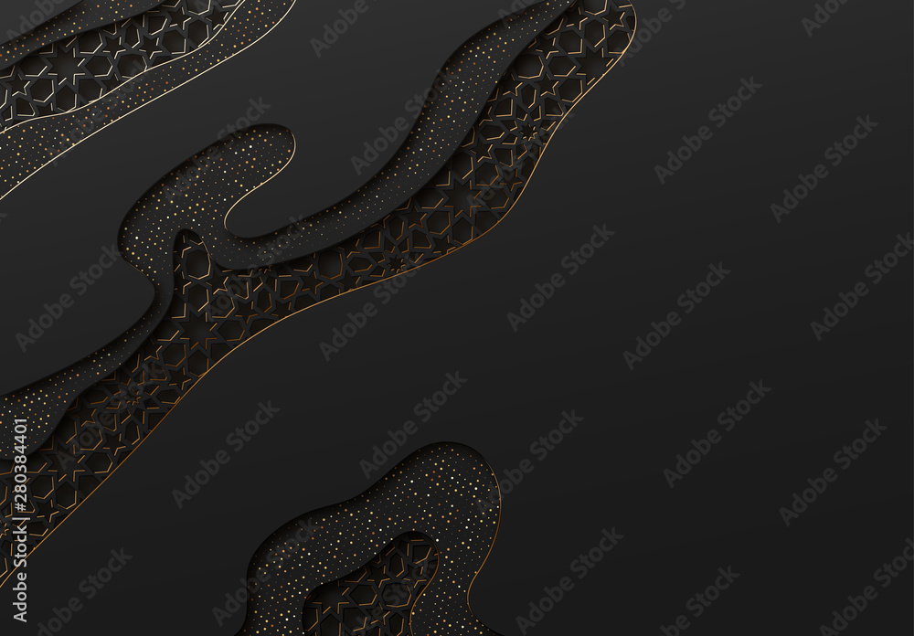 Poster black and gold background with geometric texture tunnel style cut out paper embossing pattern