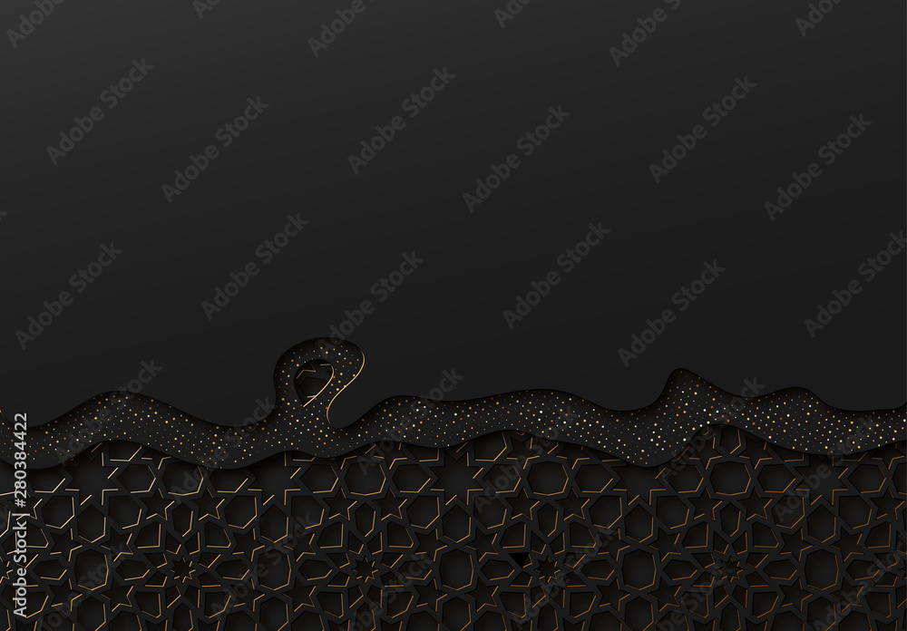 Poster black and gold background with geometric texture tunnel style cut out paper embossing pattern.