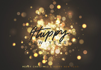 Happy New Year. Christmas background with golden lights bokeh. Xmas greeting card. Magic holiday poster, banner. Night bright gold sparkles background