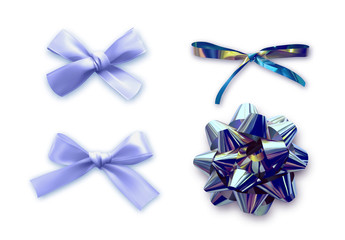 Gift Bows color blue realistic design. Isolated bows with ribbons and shadow.