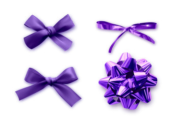 Gift Bows color purple realistic design. Isolated bows with ribbons and shadow.