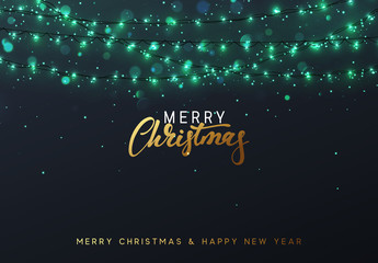 Christmas background with bright realistic garlands. Holiday glowing lights. Xmas Holiday. Greeting cards design