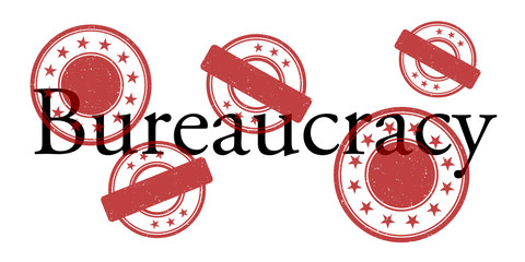 Bureaucracy - rubber stamps over text. Bureaucratization and bureaucratic aministrative administration and paperwork. Vector illustration.