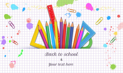 Back to School banner template with realistic colorful school supplies isolated on abstract white background with grid paper pattern, paint splashes and splatter. Measure ruler, protractor, pencils
