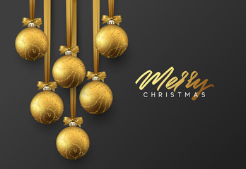Christmas greeting card, design of xmas golden balls on dark background.