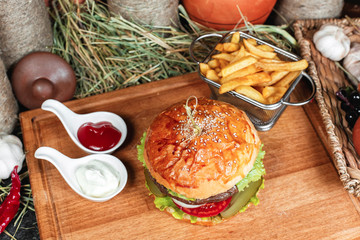 Hamburger with french fries, ketchup and creamy sauce in oriental style in Georgian. National cuisine