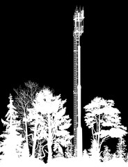 Obraz premium telecommunications tower silhouettes in forest isolated on black