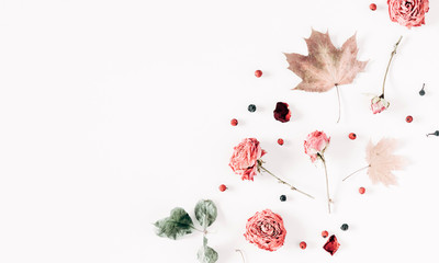 Autumn creative composition. Pattern made of dried autumn leaves, berries, flowers on white background. Fall background. Flat lay, top view, copy space