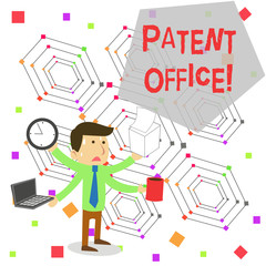Writing note showing Patent Office. Business concept for a government office that makes decisions about giving patents Stressed Male Employee Manager Multitasking Meet Deadline