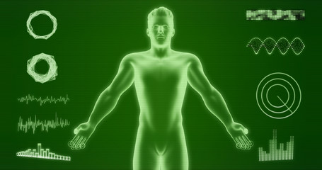 Abstract man body hologram isolated on green background 3d rendering. HUD elements, x-ray body, cyborg, digital data and radar set for futuristic Sci-Fi interface