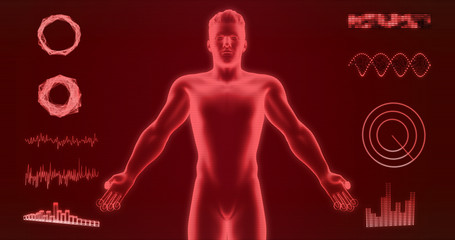 Abstract man body hologram isolated on red background 3d rendering. HUD elements, x-ray body, cyborg, digital data and radar set for futuristic Sci-Fi interface