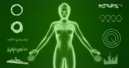 Abstract woman body hologram isolated on green background 3d rendering. HUD elements, x-ray body, cyborg, digital data and radar set for futuristic Sci-Fi interface