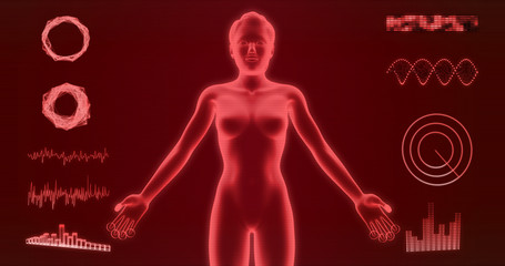 Abstract woman body hologram isolated on red background 3d rendering. HUD elements, x-ray body, cyborg, digital data and radar set for futuristic Sci-Fi interface