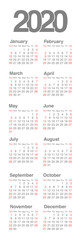 Vector calendar 2020 year. Week starts from Sunday