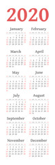 Vector calendar 2020 year. Week starts from Sunday