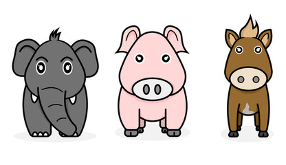 Cute animal vector consisting of elephants, pigs and horses.