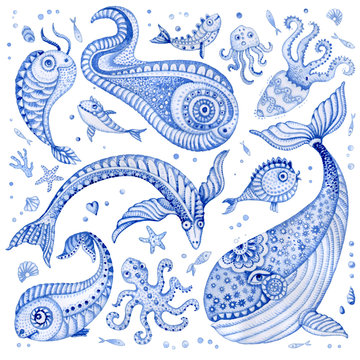 Set of indigo blue hand painted fairy tale sea animals. Watercolor painted fantasy fish, whale, coral, sea shells, bubbles, isolated on a white background. Batik, tee shirt print, book cover