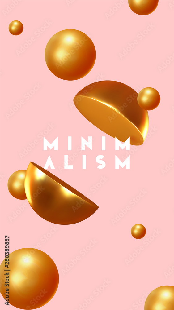 Poster abstract geometric background with gold ball and spheres. minimal trendy poster and banner. realisti