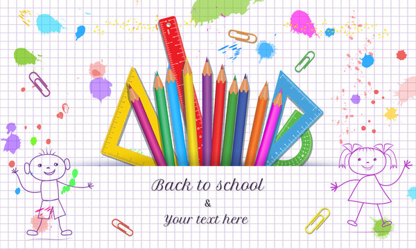 Creative Back to School banner template with hand drawn doodle boy and girl isolated on abstract white background with grid paper pattern, colorful paint splashes, splatter and school supplies