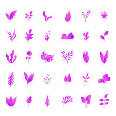 Tropical leaves and branches isolated on white background. Gradient abstract quirky botanical illustration set