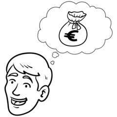 Head of a man thinking about a sack full of money. Character, scribble, outline, comic, ink, sketch, doodle, vector, illustration, line, cartoon, black, white, drawing, stroke, monochrome