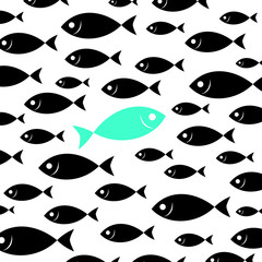 A flock of fish. Shoal of fish illustration with one differen fish inside. 