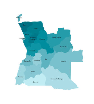 Vector isolated illustration of simplified administrative map of Angola. Borders and names of the provinces (regions). Colorful blue khaki silhouettes
