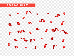 Red confetti celebration. Ribbon serpentine, isolated with transparency background effect