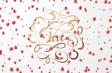 Text Love lettering for greeting card. Bright red hearts on a background.