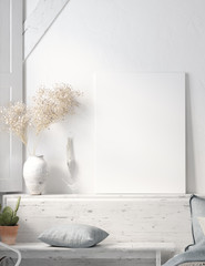 Poster mock up in rustic home interior, Scandinavian lifestyle concept, 3D render