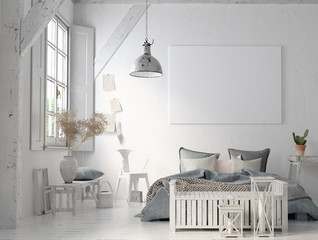 Poster mock up in rustic home interior, Scandinavian lifestyle concept, 3D render