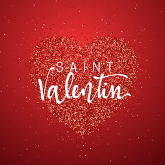 Happy Valentines Day. lettering French Inscription handmade. Saint Valentin. Greeting card on red bright heart background. Decoration for design of brochures, posters, web. World celebration love