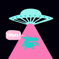Unicorn and flying saucer. Alien ship. Isolated vector object.