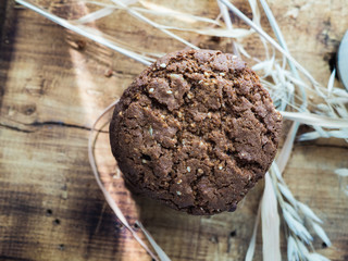 oatmeal cookies oats and milk on a wooden background