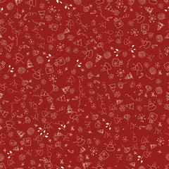 Simple christmas seamless background with hand drawn snowfakes,presents, lollipop,snowman and christmas tree for wrapping paper