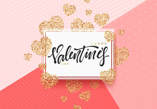 Happy Valentines Day lettering greeting card on golden bright heart background. Festive banner and poster.