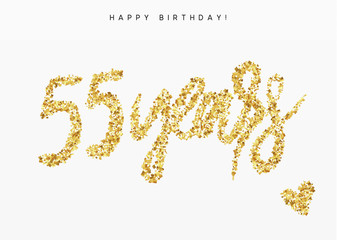 Fifty-five years, Number 55, lettering sign from golden confetti