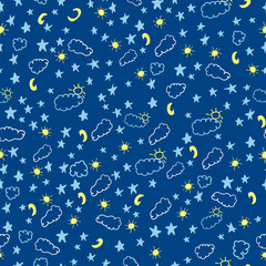 Simple kids seamless background of sky with hand drawn stars, moon,sun,clouds for wrapping - 280394276