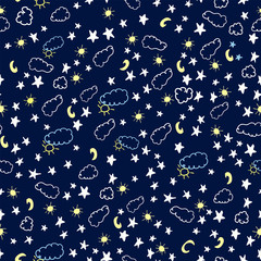 Simple kids seamless background of sky with hand drawn stars, moon,sun,clouds for wrapping - 280394291